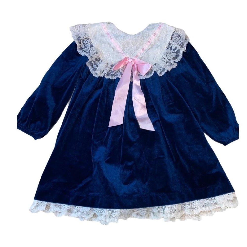 Rose Cottage Blue Velvet Lace Collar Dress Sz 5 Vintage